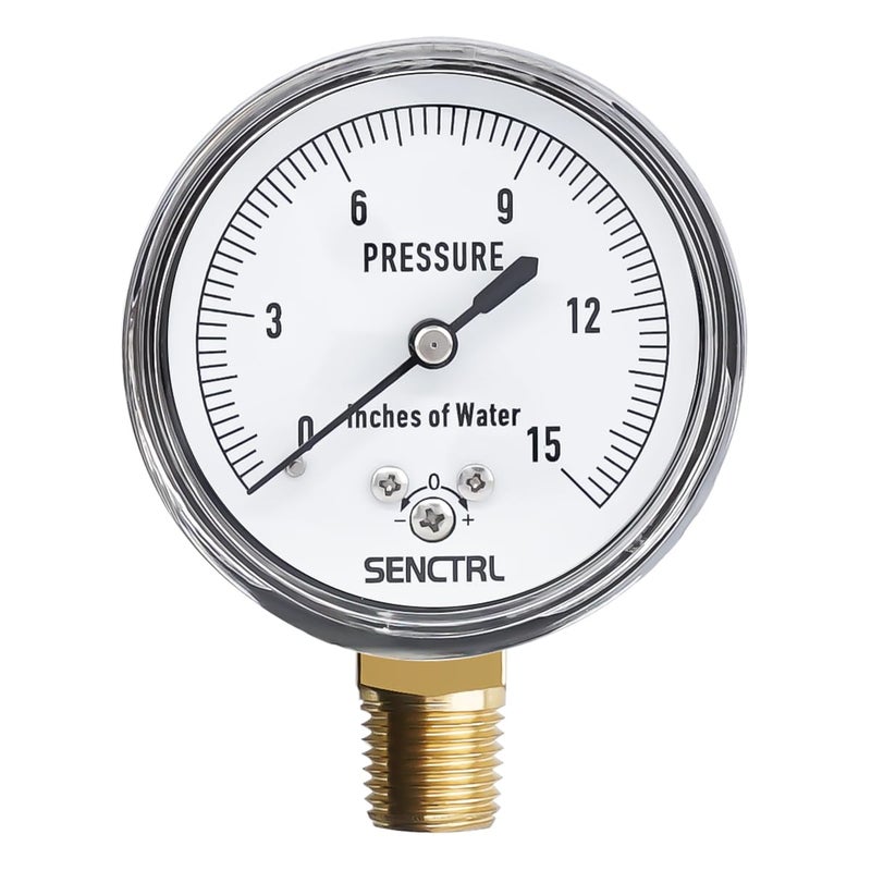 senctrl 0-15 Inches of Water Column Gauge, Low Pressure Capsule Gauge, 2-1/2" Dial Size, 1/4" NPT Lower Mount, Zero Adjustment, for Air Water Gas Pressure Test - Image 1